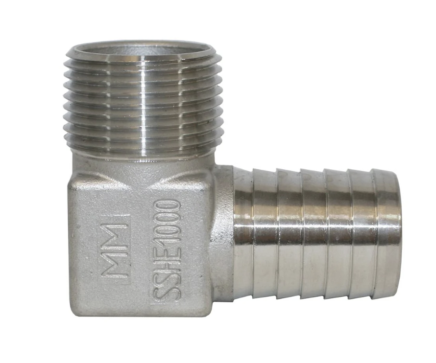 Merrill stainless steel 90-degree insert elbow with barbed poly-pipe end and male threaded connection
