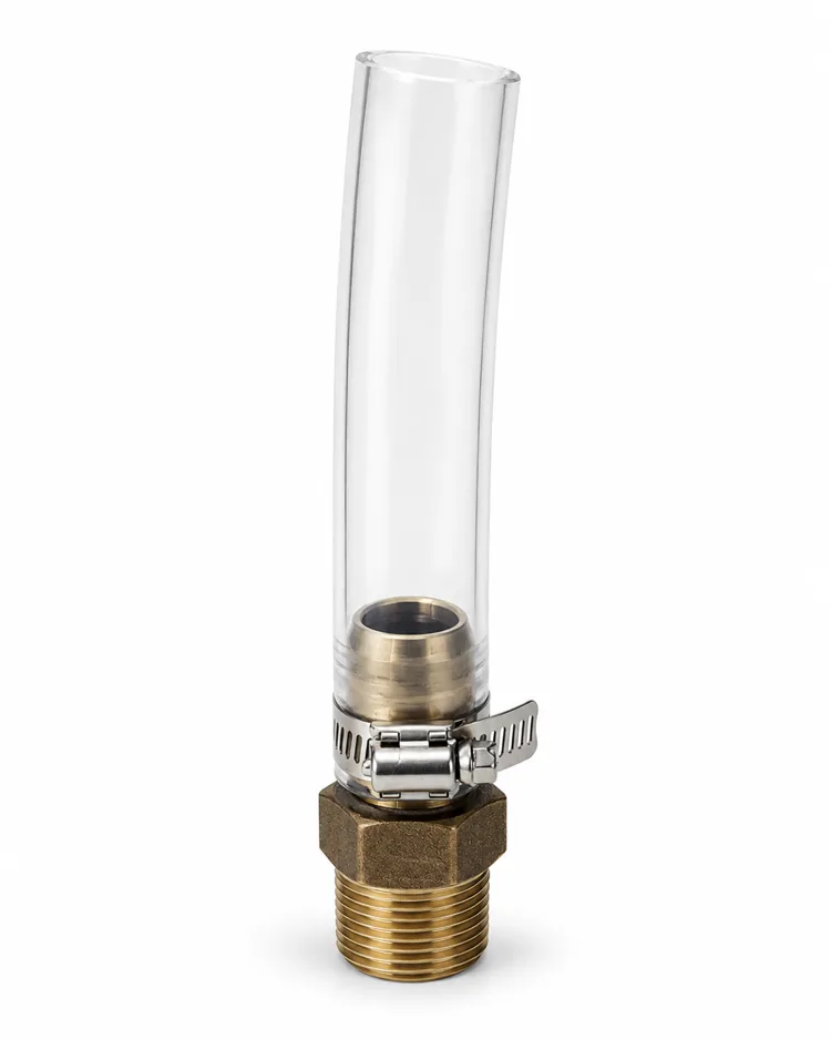 Merrill insert fitting connected to clear poly pipe with a hose clamp, threaded end exposed below